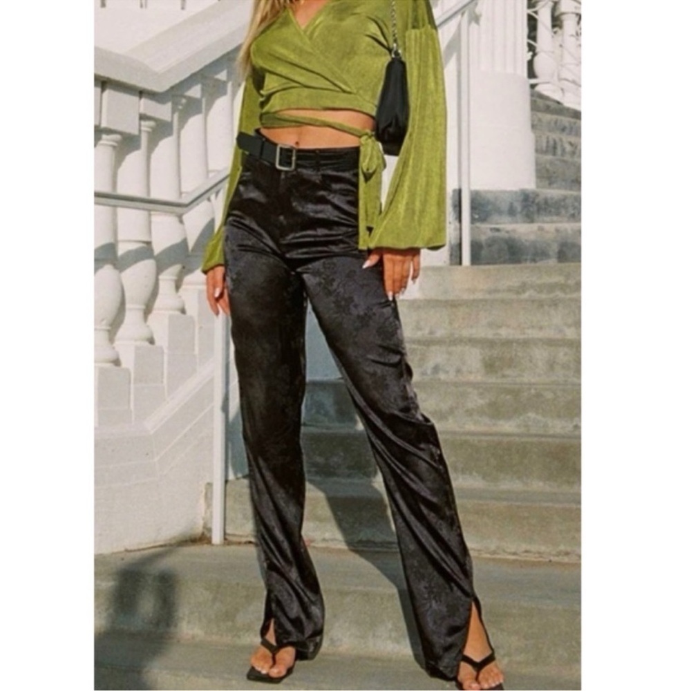 Lioness St Germain Black Satin Slit Hem Floral Jaquard Pants XXS